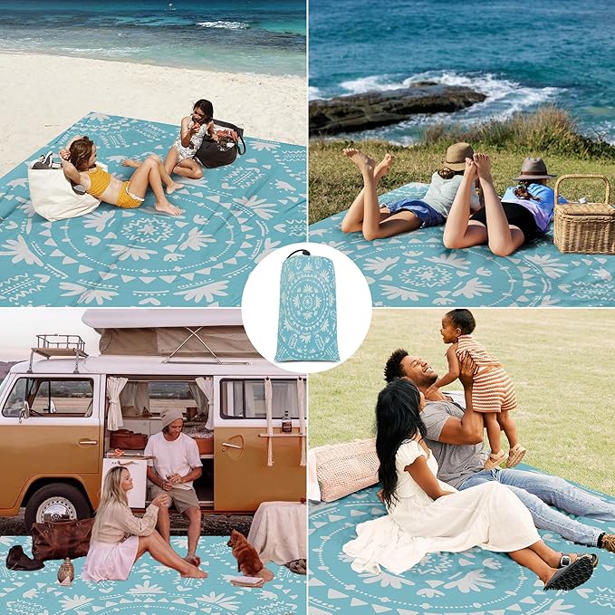 Sandproof Beach Blanket, 110''×118'' Extra Large Sand Free Waterproof Beach Mat 8 Adults, Polyester Lightweight Picnic Blanket with 4 Stakes & Pockets for Travel, Camping, Hiking - Boho Turquoise
