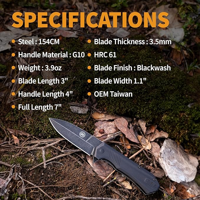 Off-Grid Knives - Stinger EDC Folding Knife with Spear Point Blade, Crucible 154CM Steel, G10 Scales, Deep Carry Clip, Everyday Carry (Blackout Spear Point)