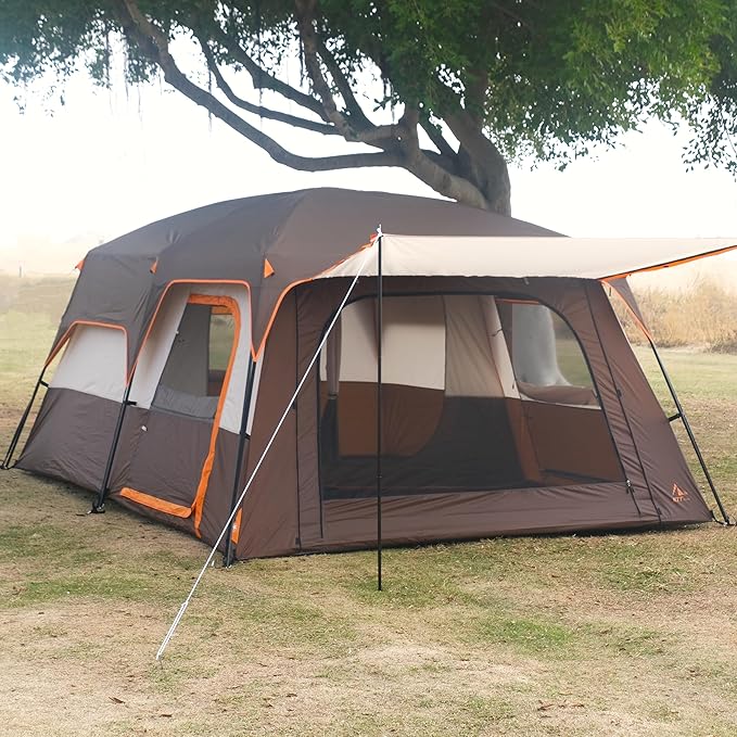 KTT Extra Large Tent 10-12-14 Person(A),Family Cabin Tents,2 Rooms,3 Doors and 3 Windows with Mesh,Straight Wall,Waterproof,Double Layer,Big Tent for Outdoor,Picnic,Camping,Family Gathering