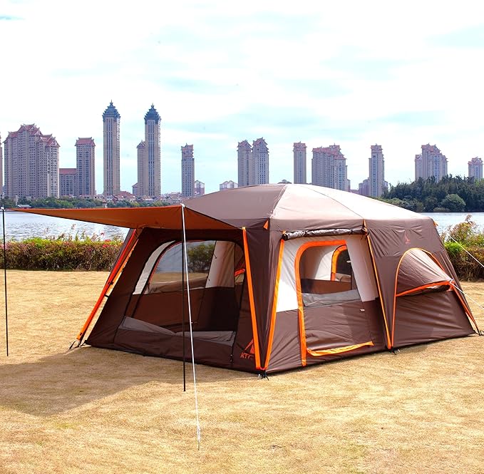 KTT Extra Large Tent 10-12-14 Person(Style-B),Family Cabin Tents,2 Rooms,3 Doors and 3 Windows with Mesh,Straight Wall,Waterproof,Double Layer,Big Tent for Outdoor,Picnic,Camping,Family Gathering