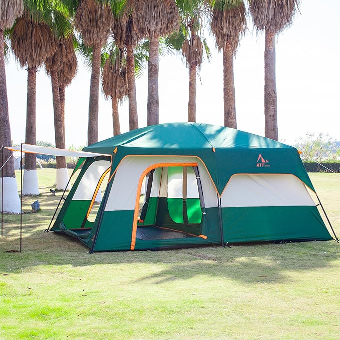 KTT Extra Large Tent 10-12-14 Person(Style-B),Family Cabin Tents,2 Rooms,3 Doors and 3 Windows with Mesh,Straight Wall,Waterproof,Double Layer,Big Tent for Outdoor,Picnic,Camping,Family Gathering