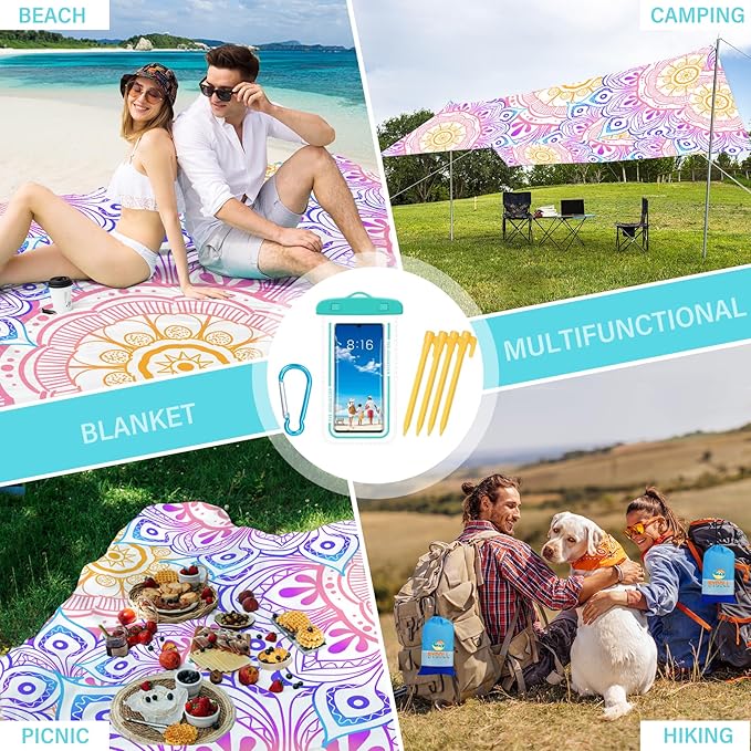 BYDOLL Beach Blanket Waterproof Sandproof 78''×110'' 1-7 Adults Oversized Lightweight Waterproof Sandproof Blanket Large Mat Beach Blanket for Beach Travel Camping Hiking Picnic