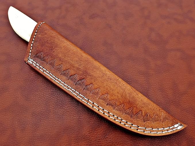 9.5" Walnut wood scale with steel bolster skinning Knife, full tang blade Rain drop pattern straight back hand forged Damascus steel, Cow Leather sheath (White)