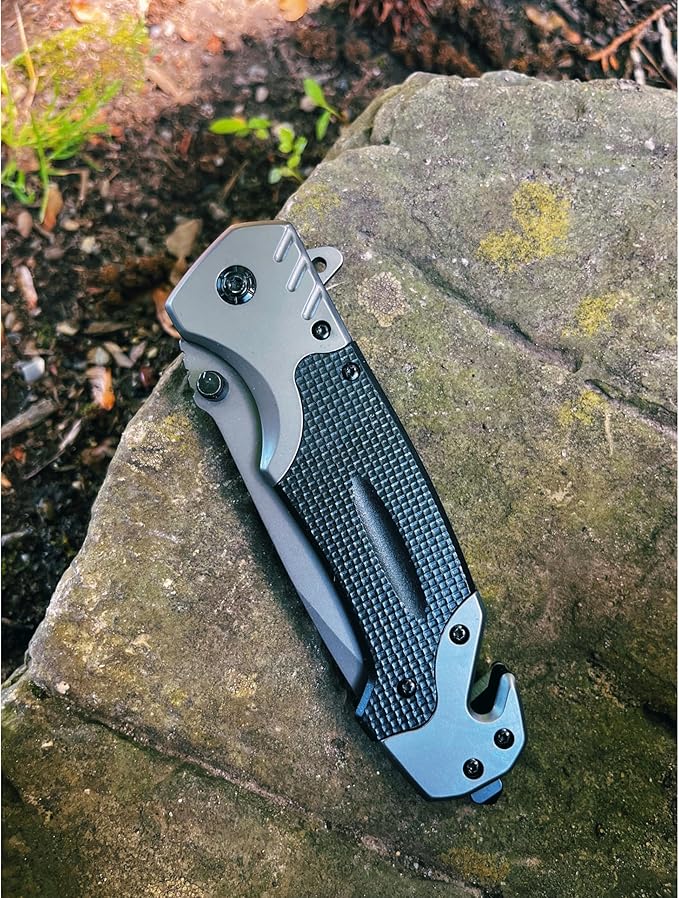 G10 Pocket Knife | 9 cm Stainless Steel Blade | Steel and G10 Handle | Outdoor, Tactical, Folding Knife | With Glass Breaker and Cord Cutter