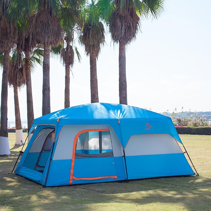 KTT Extra Large Tent 10-12-14 Person(Style-B),Family Cabin Tents,2 Rooms,3 Doors and 3 Windows with Mesh,Straight Wall,Waterproof,Double Layer,Big Tent for Outdoor,Picnic,Camping,Family Gathering