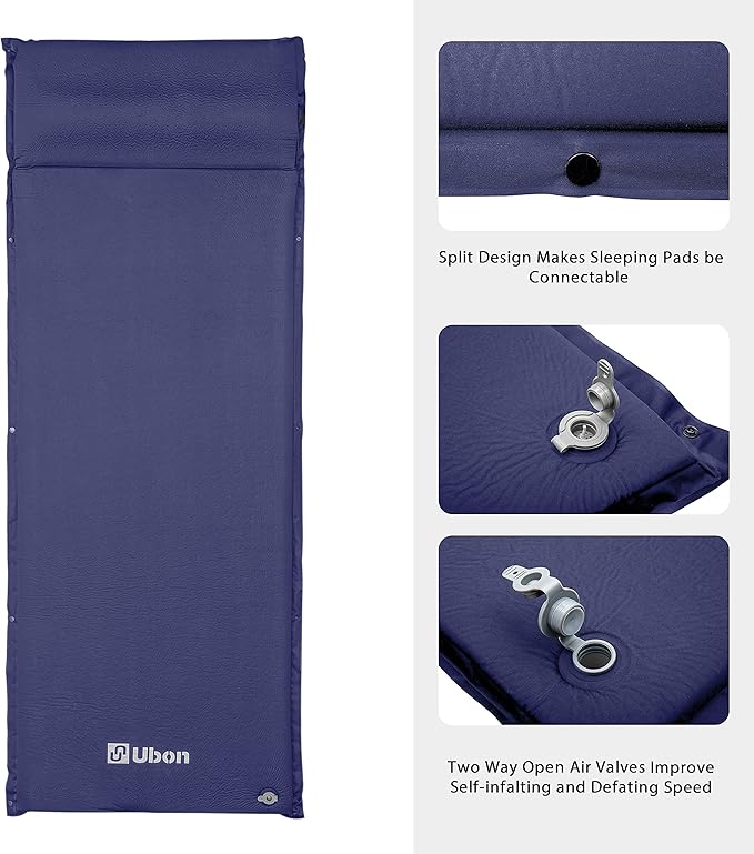 Ubon Self Inflating Sleeping Pad with Pillow for One People Fast Inflating Camping Mat 2 Inch Camping Mattress for Camping Hiking and Backpacking - Navy