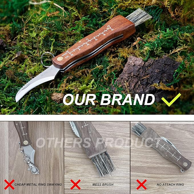 Professional Folding Mushroom Knife with Brush + Removable Leather Strap Wood Handle Foraging Knife for Fungus Truffles Handy Pocket Knife (Small)