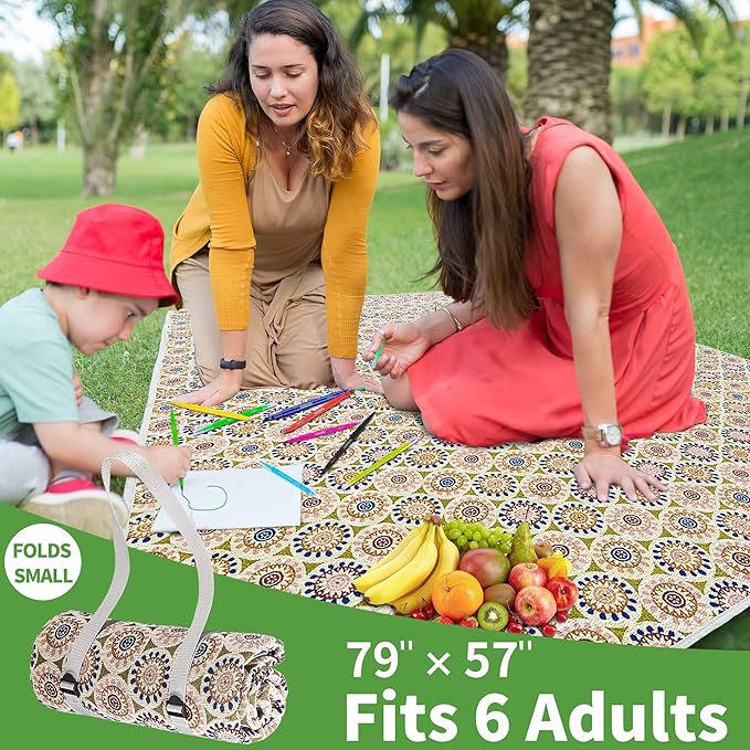 Picnic Blankets, Waterproof & Sandproof Picnic Blanket 3 Layers Thickened for Water-Resistant Handy Mat, 79" x 57" Cotton Camping Blankets for Beach, Camping, Park, Travel, Grass (Sunflower-V2)