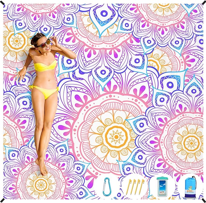 BYDOLL Beach Blanket Waterproof Sandproof 78''×110'' 1-7 Adults Oversized Lightweight Waterproof Sandproof Blanket Large Mat Beach Blanket for Beach Travel Camping Hiking Picnic
