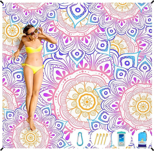 BYDOLL Beach Blanket Waterproof Sandproof 78''×110'' 1-7 Adults Oversized Lightweight Waterproof Sandproof Blanket Large Mat Beach Blanket for Beach Travel Camping Hiking Picnic