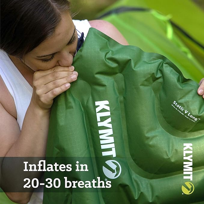 Klymit Static V Long Inflatable Sleeping Pad for Camping, Lightweight Hiking and Backpacking Air Bed For Tall Campers, 2.5 Inch Thick, Green