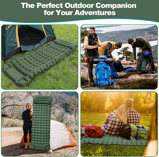 Self-Inflating Sleeping Mats for Camping, Camping Sleeping Pad for Camping, Ultralight Camping Mat with Pillow Built-in Foot Pump Inflatable Sleeping Pads Compact for Camping, Backpacking( Army Green)