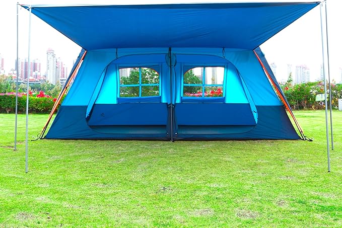 KTT Extra Large Tent 10-12-14 Person(B),Family Cabin Tents,2 Rooms,3 Doors and 3 Windows with Mesh,Straight Wall,Waterproof,Double Layer,Big Tent for Outdoor,Picnic,Camping,Family Gathering