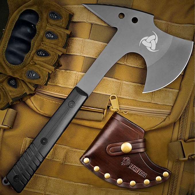 NedFoss Eagle 13" Full Tang Tactical Tomahawk with Spike, G10 Handle and Titanium Coated Blade, Survival Tomahawk Axe with Leather Sheath, Viking Tomahawk for Camping Survival