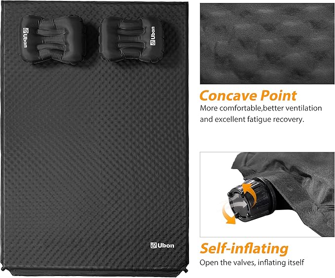Ubon Double Self-Inflating Sleeping Mat Inflatable Mattress with Pillows Comfortable ASleep Pad for 2 People 1.5" Sponge Filling Ergonomic Pillow Portable Lightweight Camping Bed - Black