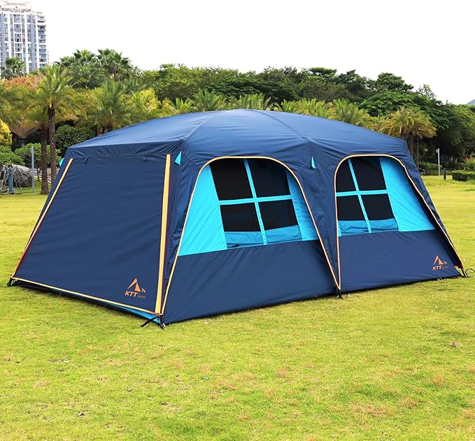 KTT Extra Large Tent 10-12-14 Person(B),Family Cabin Tents,2 Rooms,3 Doors and 3 Windows with Mesh,Straight Wall,Waterproof,Double Layer,Big Tent for Outdoor,Picnic,Camping,Family Gathering