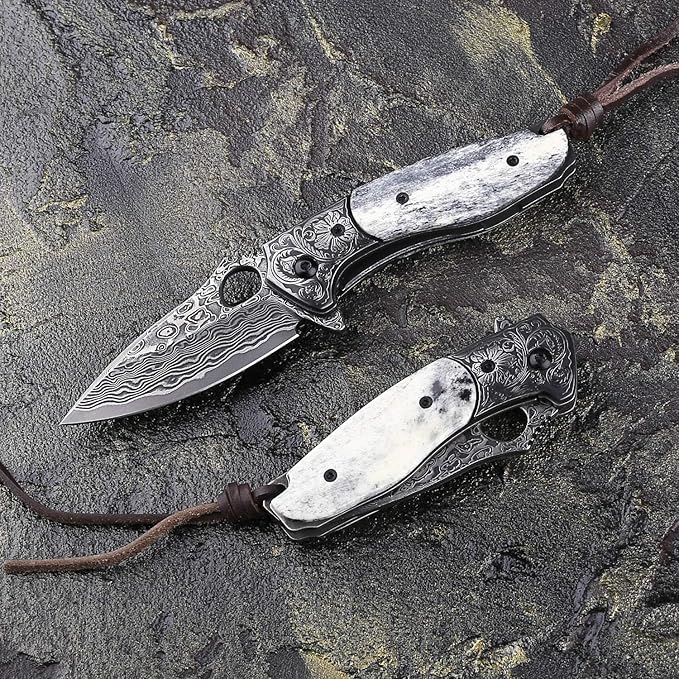 handmade damascus steel pocket knife with leather sheath,liner lock bone handle,japanese vg10 core 2.8in blade,folding knives for camping and fishing,edc for men and women