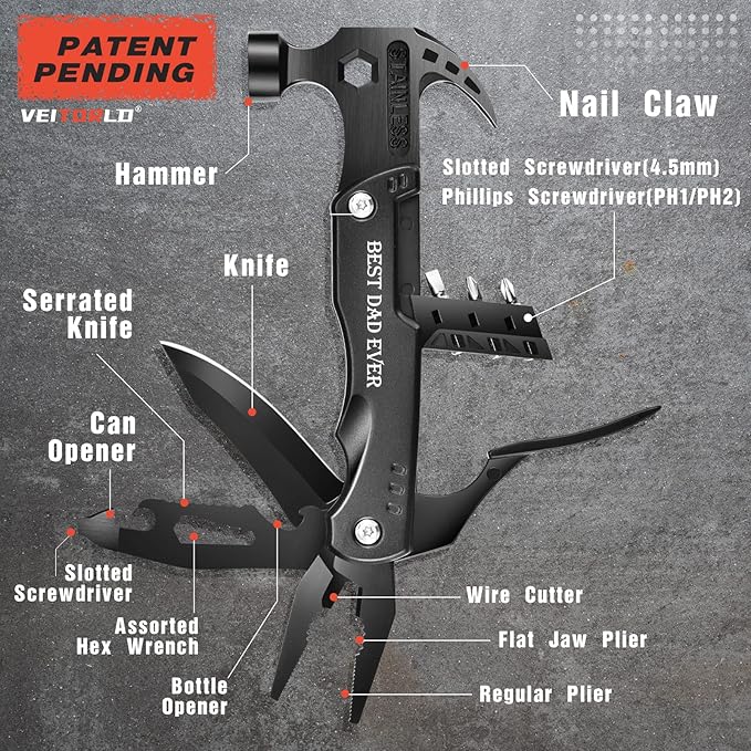 VEITORLD Gifts for Dad Men, Cool Dad Birthday Gifts Ideas for Men Grandpa Papa from Daughter Wife Son, BEST DAD EVER Gift, All in One Survival Tools Hammer Multitool, Camping Hunting Hiking Presents