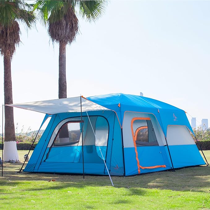 KTT Extra Large Tent 10-12-14 Person(Style-B),Family Cabin Tents,2 Rooms,3 Doors and 3 Windows with Mesh,Straight Wall,Waterproof,Double Layer,Big Tent for Outdoor,Picnic,Camping,Family Gathering