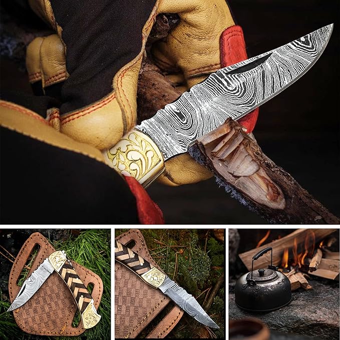 Handmade Damascus Pocket Knife with Sheath, 7" Folding Hunting Knife with Wood Handle, Small Camping Knife for Outdoor