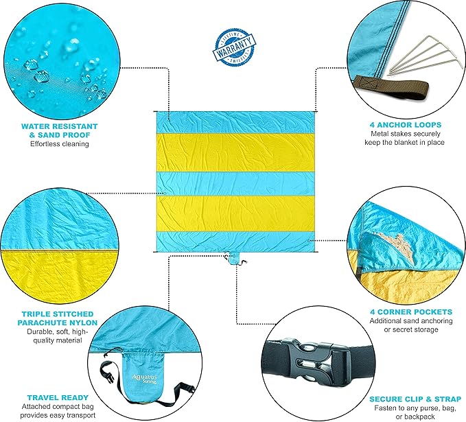 Premium XXL Beach Blanket Sandproof Water Resistant Quick Dry Mat 10ft by 9ft for 1-8 Adults with 4 Metal Stakes, 4 Corner Pockets, Secure Clip and Strap, and Attached Bag