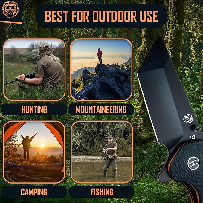 Holtzman's Gorilla Survival Folding Knife D2 Steel Blade G10 Handle Pocket Knife EDC Giftset for Men and Women (black blade + black/orange liner)