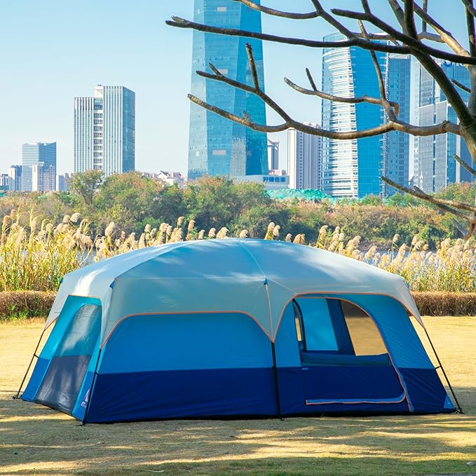KTT Extra Large Tent 10-12-14 Person(Style-B),Family Cabin Tents,2 Rooms,3 Doors and 3 Windows with Mesh,Straight Wall,Waterproof,Double Layer,Big Tent for Outdoor,Picnic,Camping,Family Gathering