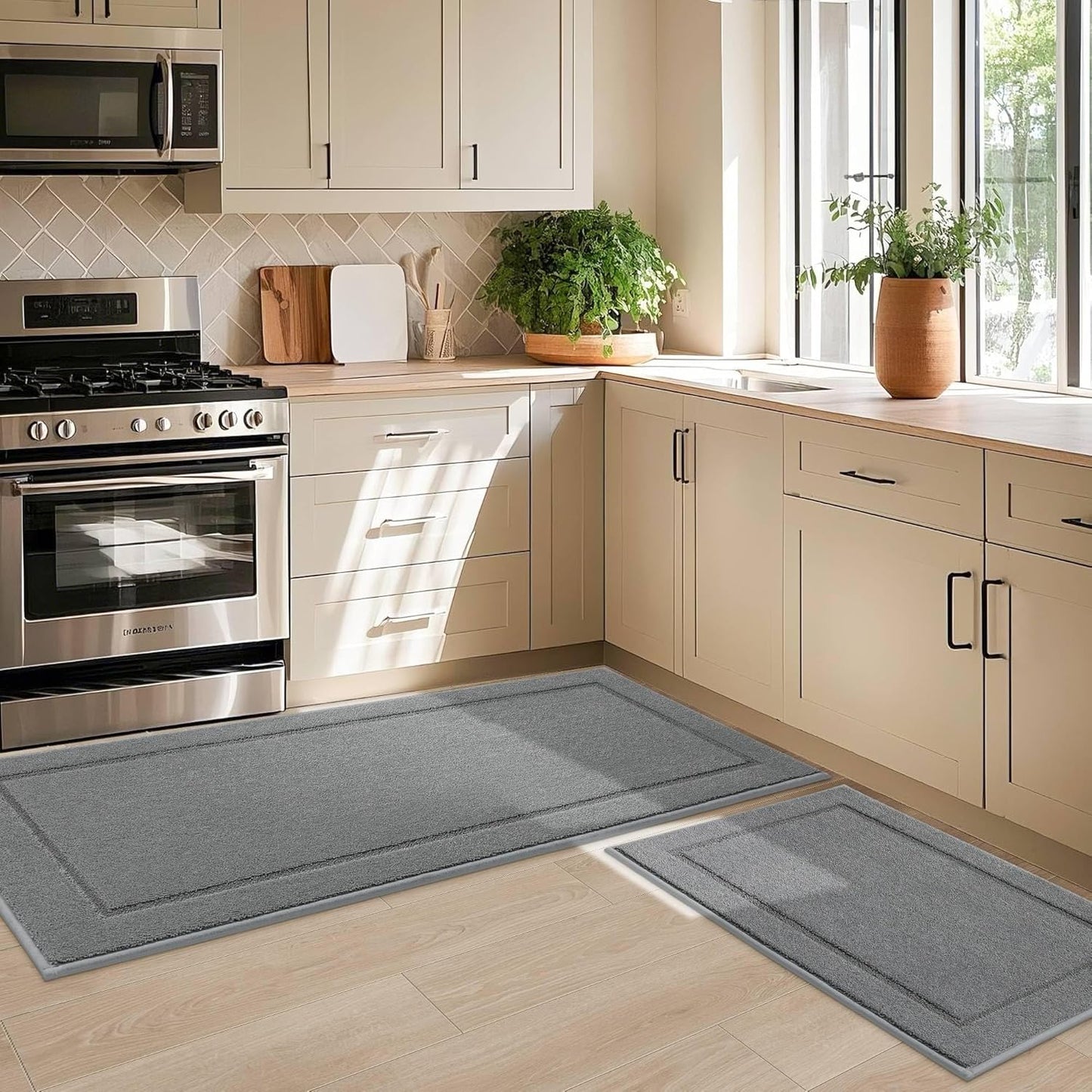 JSEI Non-Slip Kitchen Mats, Self Adhesive No Sliding Kitchen Rugs Set of 2, Washable Absorbent Floor Mat for Kitchen, Bathroom, Laundry Room, Bedroom, 24”x36”+24”x60”, Light Grey, Rectangular Pattern
