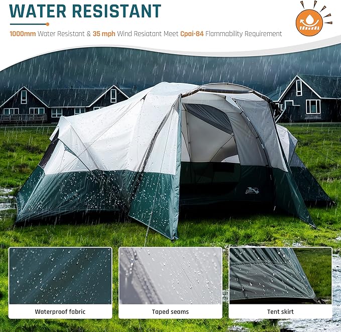Tents for Camping 6/8/10/11 Person Large Camping Tent with Porch Big Tent with Rainfly & Reflective Windproof Rope Portable with Carry Bag for Family Camping & Hiking