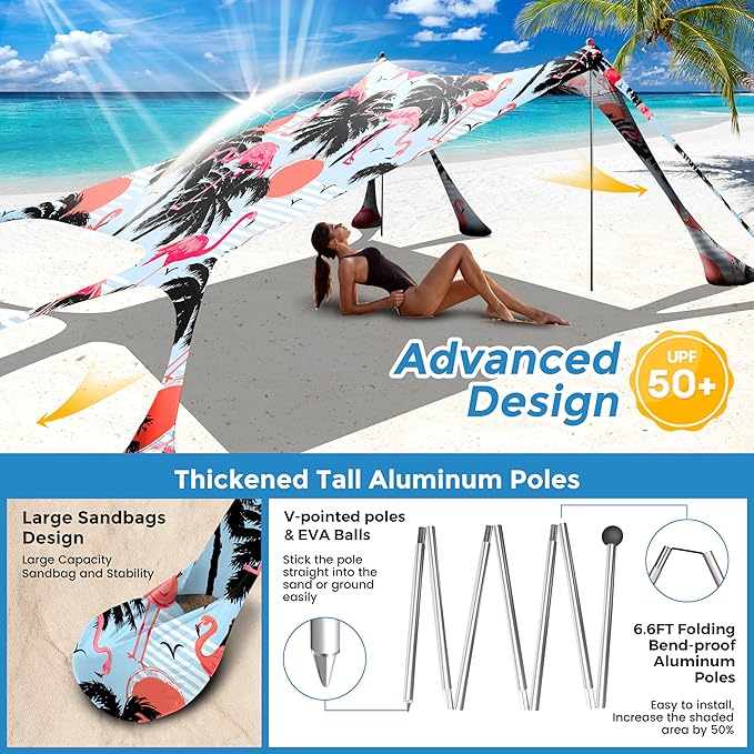 Beach Canopy Beach Tent Pop Up Shade 10x10ft Sun Shelter UPF50+ with 8 Sandbags-2 Sand Shovel-4 Aluminum Poles-Ground Pegs-Portable Carrying Bag for Outdoor Family Camping Fishing Yard Picnic