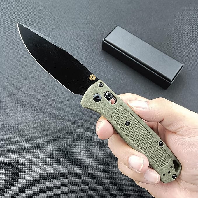 EDC Folding Pocket Bugout Knife, 3'' Razor Sharp Coated Finish, Plain Edge, Grivory Handle with Belt Clip, Axis Lock & Thumb Stud Manual Open (Black Blade)