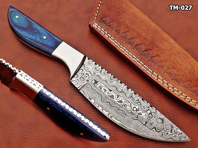 9.5" Walnut wood scale with steel bolster skinning Knife, full tang blade Rain drop pattern straight back hand forged Damascus steel, Cow Leather sheath (Brown) (Blue)
