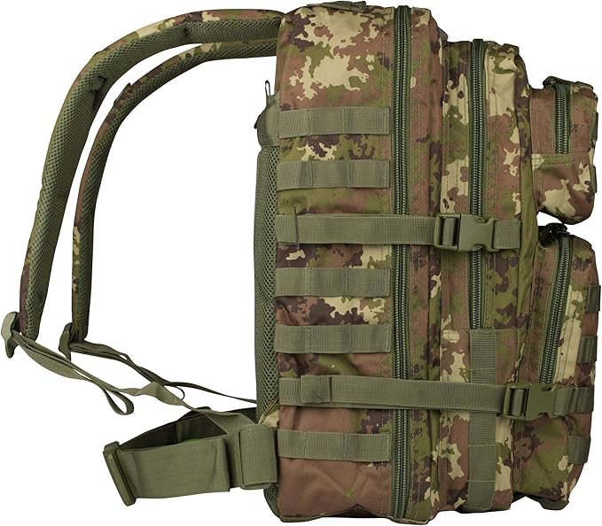 Mil-Tec Unisex Assault Pack - Rugged Durable Lightweight Ergonomic Versatile Tactical Outdoor Camping Hiking Backpack with Adjustable Padded Shoulder Straps & MOLLE Loops, Vegetato Woodland Camo, 20L