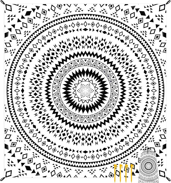 Waterproof Sandproof Beach Blanket, 78"" x 86"" Large Beach Mat for 2-4 Adults, Lightweight Compact Polyester Picnic Blanket for Outdoor, Travel, Camping, Hiking, Beach Essentials, Black Mandala