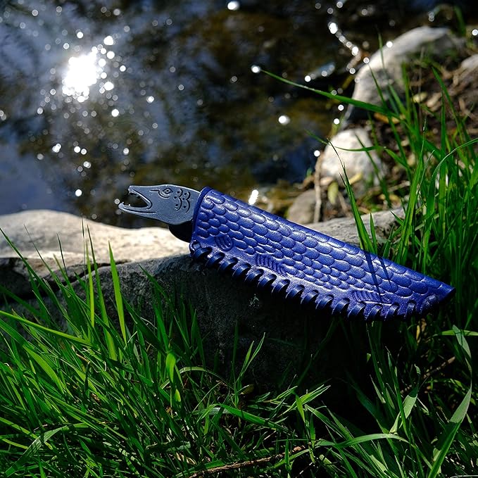 Toferner Hand Forged Knife Fish Head with Sheath, Vintage Knife for Antique Collection, Genuine Leather Case, Hardened Blade, Hand Made Craft, Gift Idea for Men (Blue)