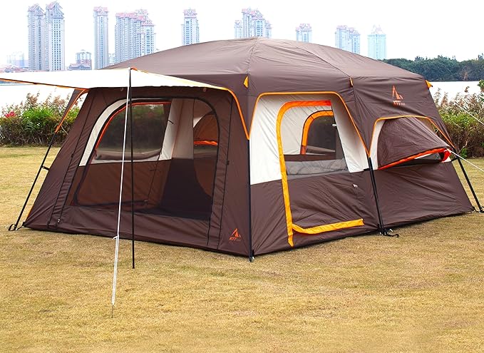 KTT Extra Large Tent 10-12-14 Person(Style-B),Family Cabin Tents,2 Rooms,3 Doors and 3 Windows with Mesh,Straight Wall,Waterproof,Double Layer,Big Tent for Outdoor,Picnic,Camping,Family Gathering