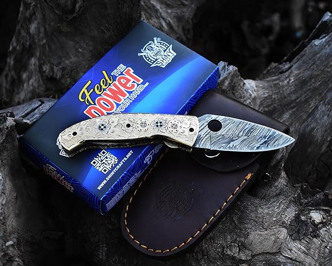 SHINY CRAFTS -Damascus Pocket Knife Knives For Men OTF Knife Survival Knife- Folding Knives - Everyday Carry - PlainEdge - Leather Sheath (FK 30)