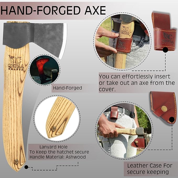 Hand Forged Hatchet Axe with Sheath AX1 - Bushcraft Hatchet Camping Small Forest Axe Survival Hatchet Carving Axe for Chopping Wood - Camp Splitting Axe Gardening Axes Wood Cutting Axe (Carving Axe)