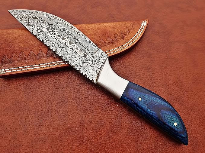 9.5" Walnut wood scale with steel bolster skinning Knife, full tang blade Rain drop pattern straight back hand forged Damascus steel, Cow Leather sheath (Brown) (Blue)