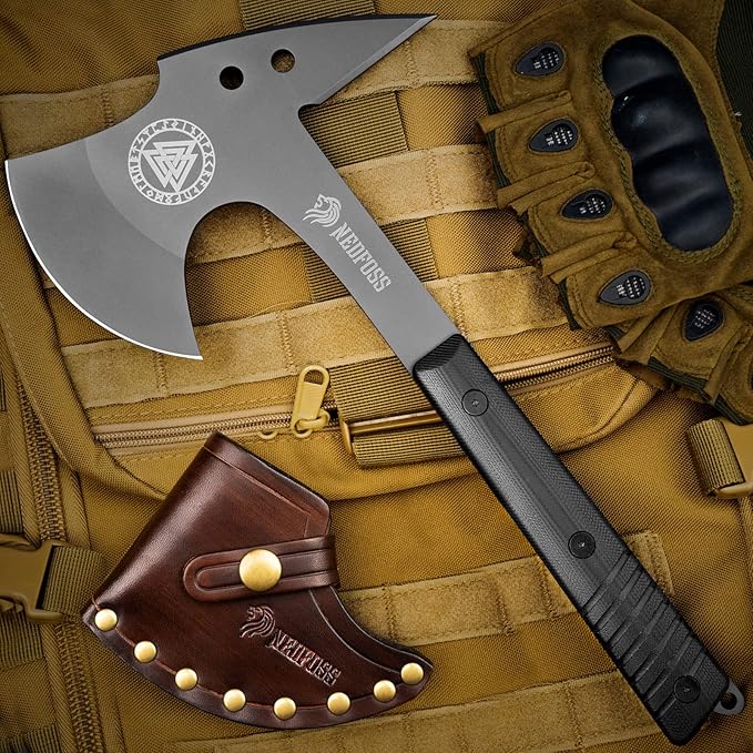 NedFoss Eagle 13" Full Tang Tactical Tomahawk with Spike, G10 Handle and Titanium Coated Blade, Survival Tomahawk Axe with Leather Sheath, Viking Tomahawk for Camping Survival