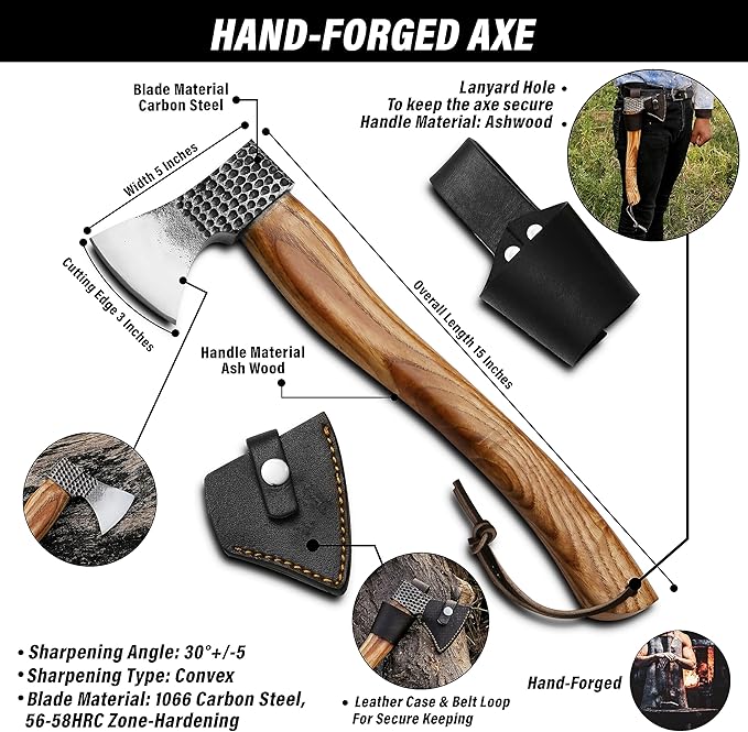 HotSteel Carving Axe Hand Forged Camping Axe with Sheath - Bushcraft Hatchet Camping Small Axe with Wood Handle - Bearded Wooden Axe Survival Hatchet Axe for Chopping Wood and Gardening