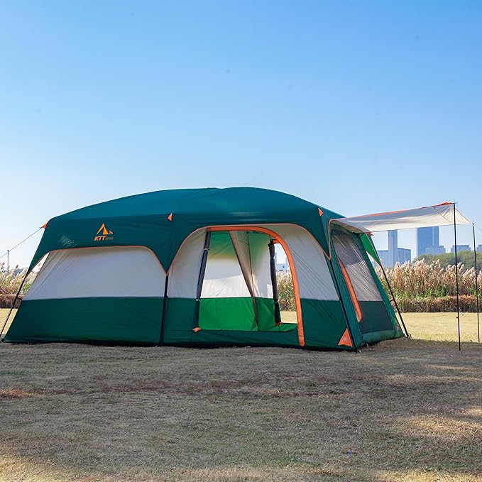 KTT Extra Large Tent 10-12-14 Person(Style-B),Family Cabin Tents,2 Rooms,3 Doors and 3 Windows with Mesh,Straight Wall,Waterproof,Double Layer,Big Tent for Outdoor,Picnic,Camping,Family Gathering