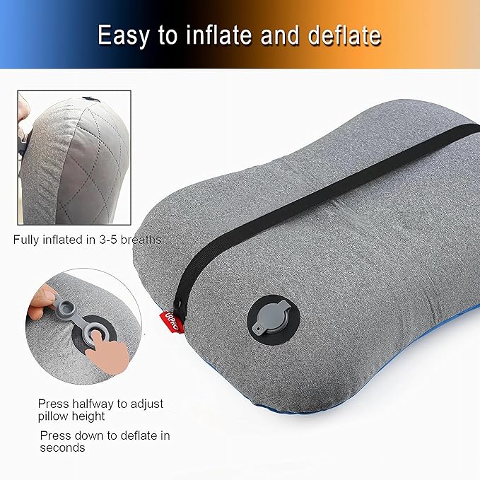 Portable Inflatable Neck Pillow for Outdoor Travel, Camping, Office Naps-Polyester + Washable Cotton-Color Available-Simple and Comfortable (Orange)
