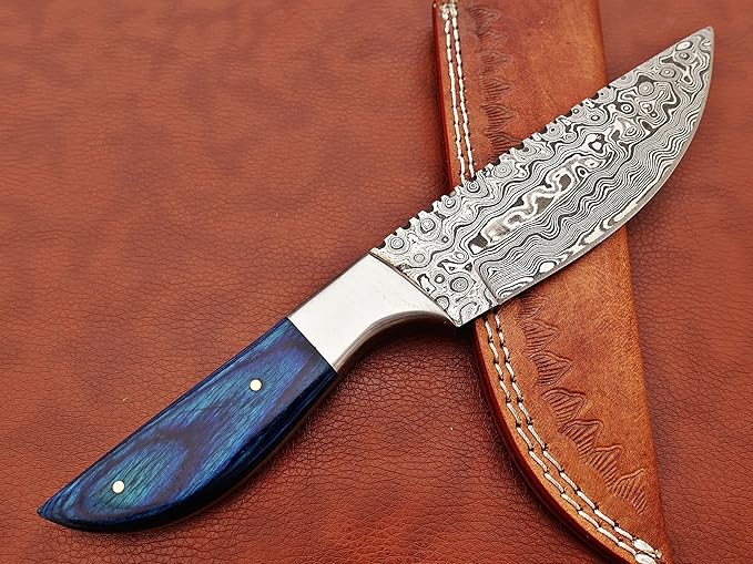 9.5" Walnut wood scale with steel bolster skinning Knife, full tang blade Rain drop pattern straight back hand forged Damascus steel, Cow Leather sheath (Brown) (Blue)