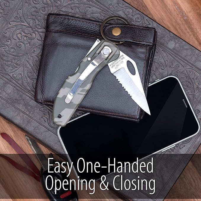 Maxam Lockback 7 (Open) Inch Pocket Knife - Stainless Steel Helf Serrated Blade, Textured No-Slip Handle, Carry Clip, Camo