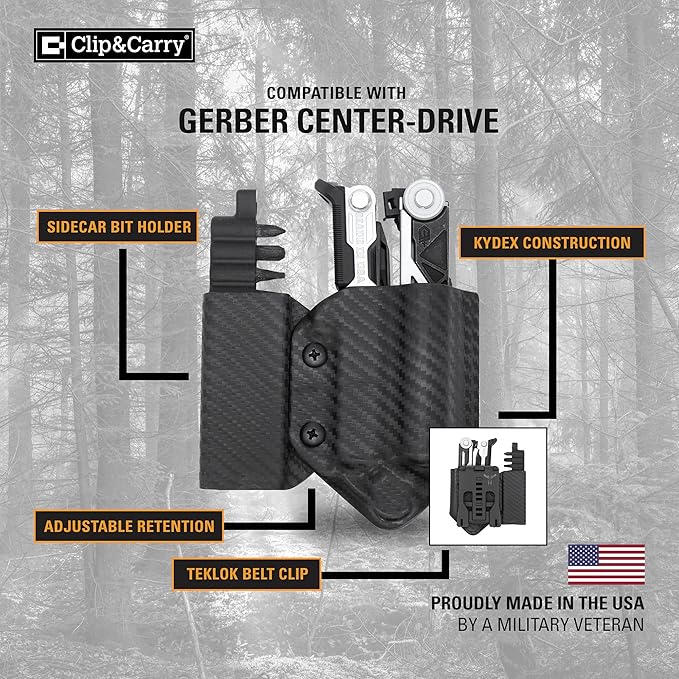 Clip & Carry Kydex Multitool Sheath for Gerber Center-Drive w/Optional Bit Sidecar Holder ~ Made in USA (Multi-Tool & Bits not Included) Multi Tool Holster