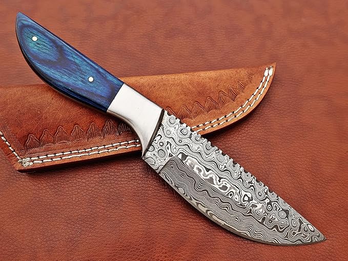 9.5" Walnut wood scale with steel bolster skinning Knife, full tang blade Rain drop pattern straight back hand forged Damascus steel, Cow Leather sheath (Brown) (Blue)