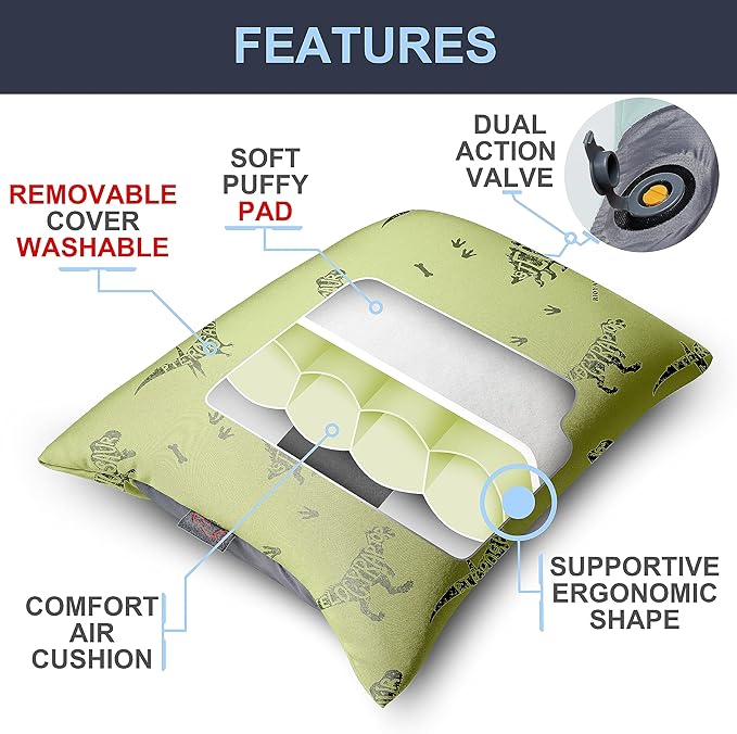 X-Foam Kids Inflatable Camping Pillow Lite w. Removable Foaming Cover for Boys | Dinosaur | Comfortable, Washable, Ultralight, Portable | Backpacking, Hiking, Travel, Air, Sleepover, Scouts