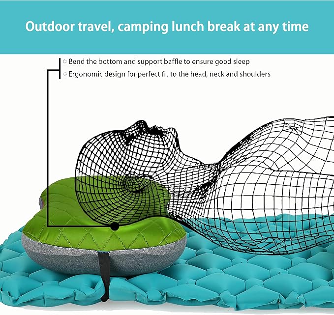 Portable Inflatable Neck Pillow for Outdoor Travel, Camping, Office Naps-Polyester + Washable Cotton-Color Available-Simple and Comfortable (Green, 18.1 * 12.6 * 4.7in)