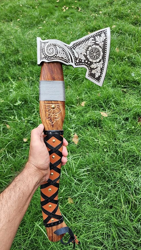Handmade Forged Stainless Steel Viking Axe, Hatchet with Leather Sheath, Throwing Axe, Camping Axe, Solid Wood Handle Multiple Designs (Axe CK-8)